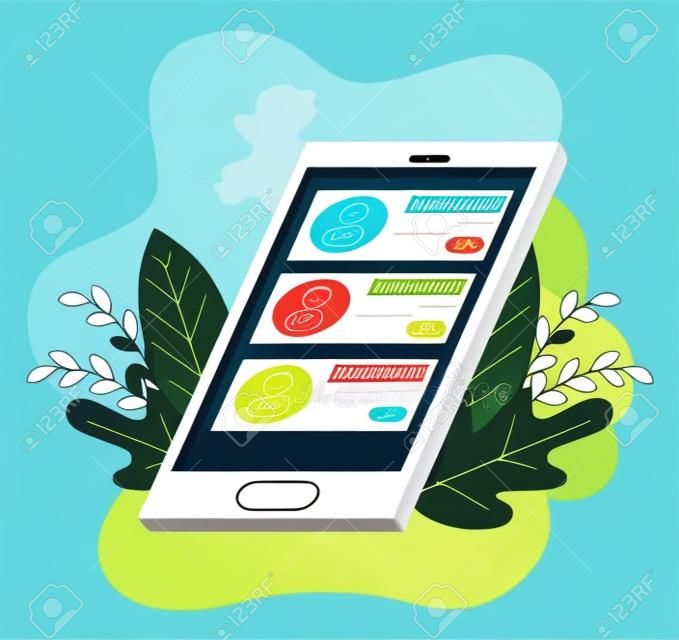 smartphone device with chat and leafs vector illustration design
