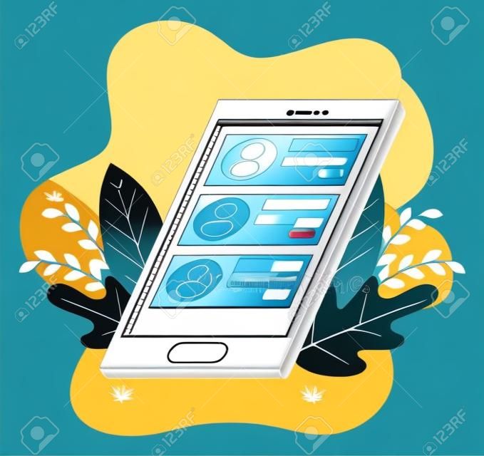 smartphone device with chat and leafs vector illustration design
