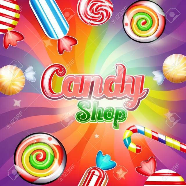cartaz de loja de doces com quadro caramelos ilustração vetorial design