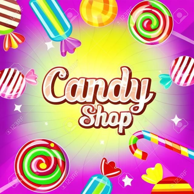 cartaz de loja de doces com quadro caramelos ilustração vetorial design
