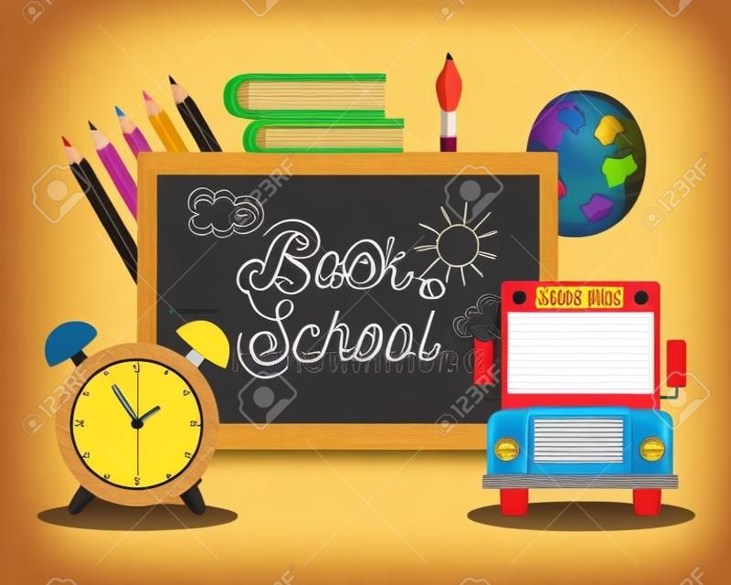 blackboard with school bus and books with pencils colors to education supplies vector illustration