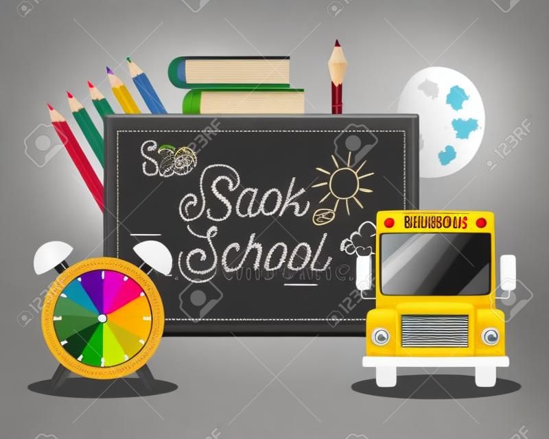 blackboard with school bus and books with pencils colors to education supplies vector illustration