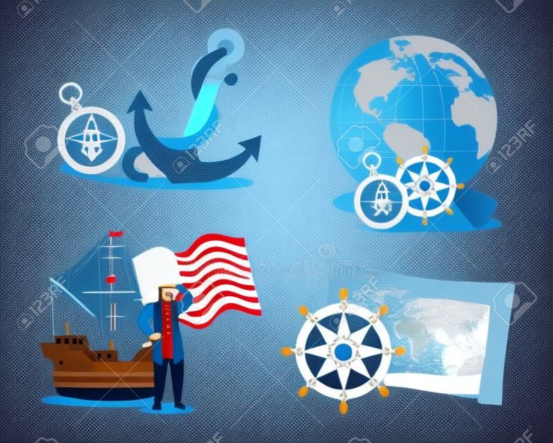 Cartone animato di Cristoforo Colombo con nave e set di icone design di felice giorno di Colombo in america e tema di scoperta Illustrazione vettoriale