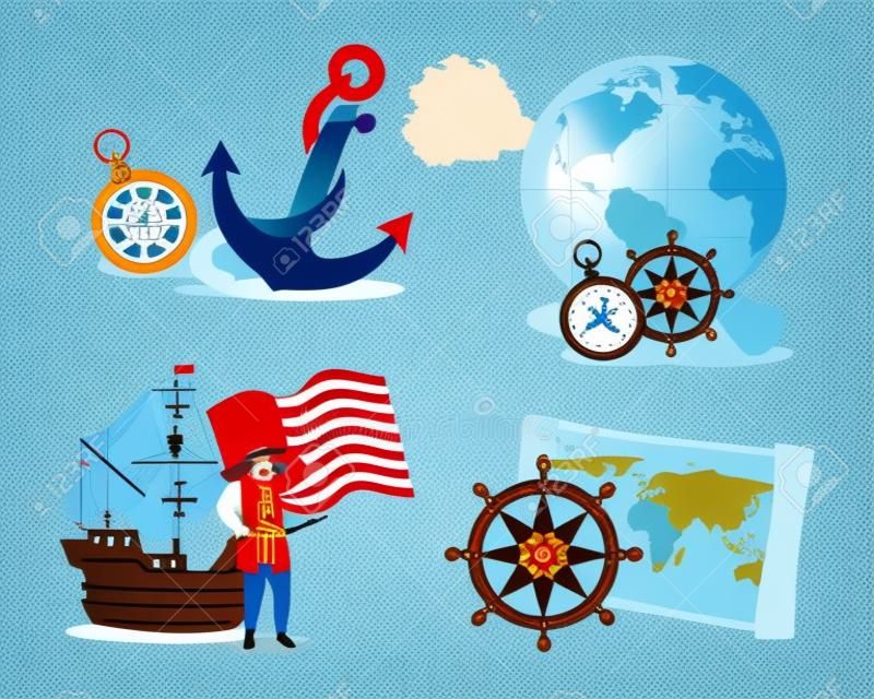 Christopher Columbus-Karikatur mit Schiffs- und Ikonensetdesign des glücklichen Kolumbustages Amerika und Entdeckungsthema Vektorillustration