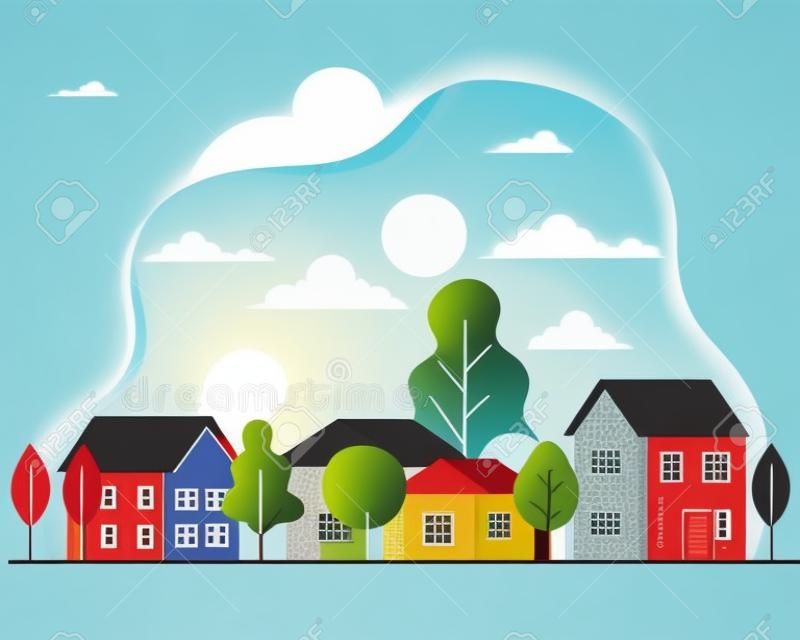 City landscape with houses trees clouds and sun design, architecture and urban theme Vector illustration
