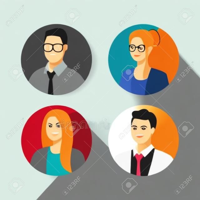 Empresarios en diseño de círculos, hombre mujer gestión empresarial trabajo corporativo ocupación y trabajador tema ilustración vectorial