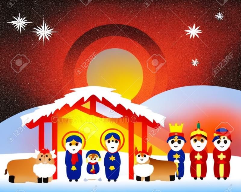 celebración feliz navidad pesebre familia estable magos reyes y animales ilustración vectorial