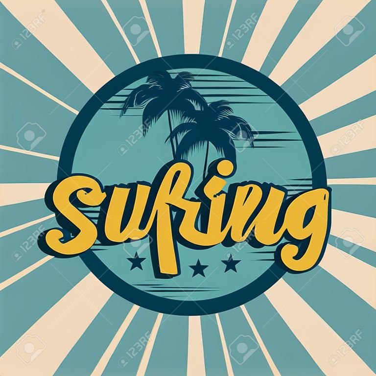 surfen vintage banner mit baum palmen kreisförmigen rahmen vektor illustration design