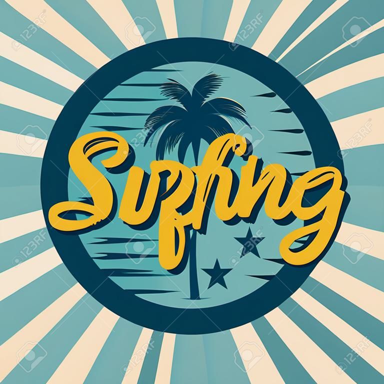 surfing vintage banner with tree palms circular frame vector illustration design