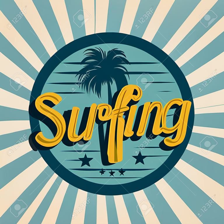 banner vintage da surf con disegno di illustrazione vettoriale a cornice circolare di palme ad albero