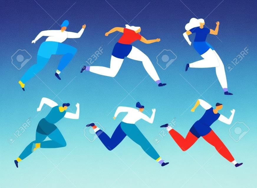 six athletes running avatars characters