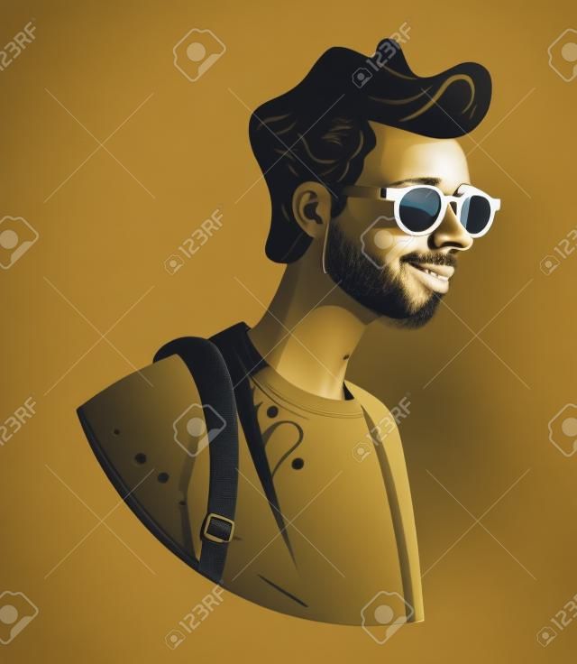 Uśmiechnięty nastolatek spacerujący z plecakiem i okularami przeciwsłonecznymi