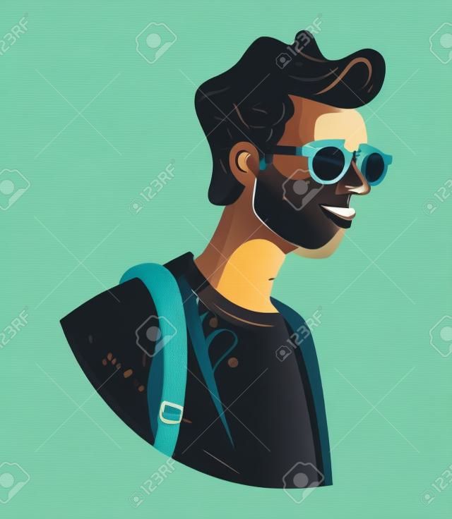 Smiling teenager with backpack and sunglasses walking