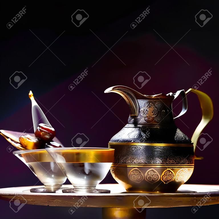 Eid e Ramadan definido com café árabe e datas definidas em um fundo escuro. Cartão festivo, um convite para o mês sagrado muçulmano Ramadan Kareem ou Eid al Adha e Eid al fiter