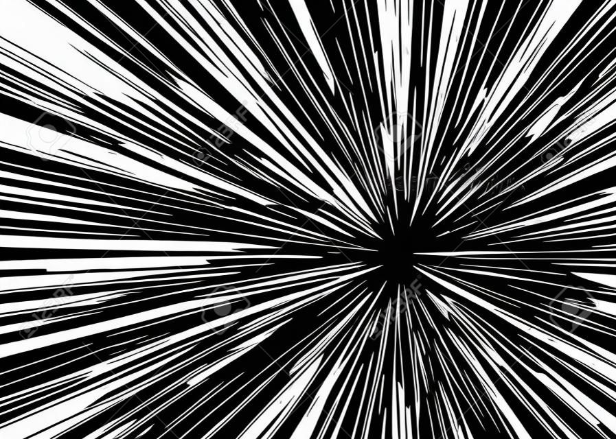 Comic book black and white radial lines background Rectangle fight stamp for card Manga or anime speed graphic ink texture Superhero action frame Explosion vector illustration Sun ray or star burst element