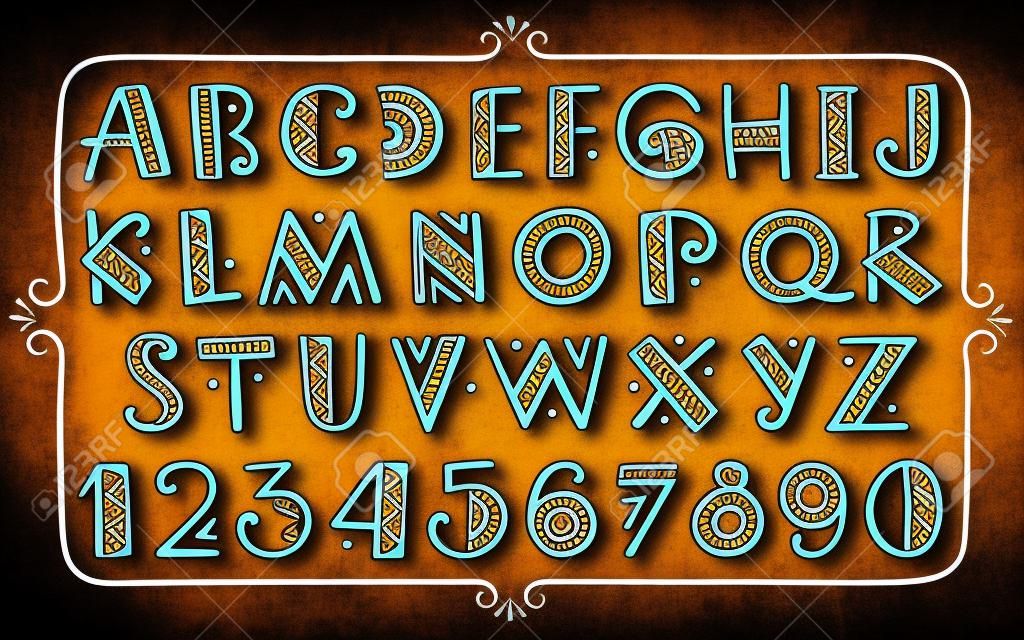 Tribal alphabet lumineux ethnique et numéro Hand drawn police graphique dans le style africain ou indien Primitive dessin stylisé simple,