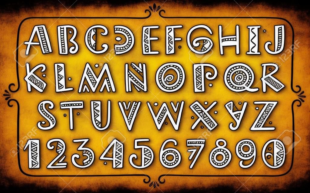 Tribal etnico luminoso alfabeto e il numero a mano fonte grafico in stile africano o indiano disegno stilizzato semplice Primitive