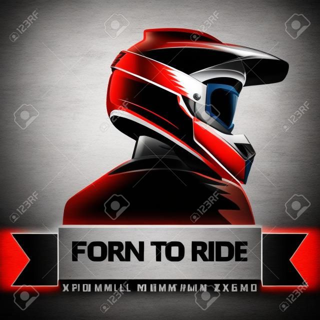 Back shot of man with full face motocross helmet. Extreme sport logo template. Place for text. Downhill Mountain Biking.