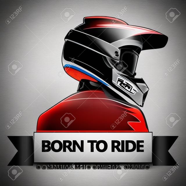 Back shot of man with full face motocross helmet. Extreme sport logo template. Place for text. Downhill Mountain Biking.