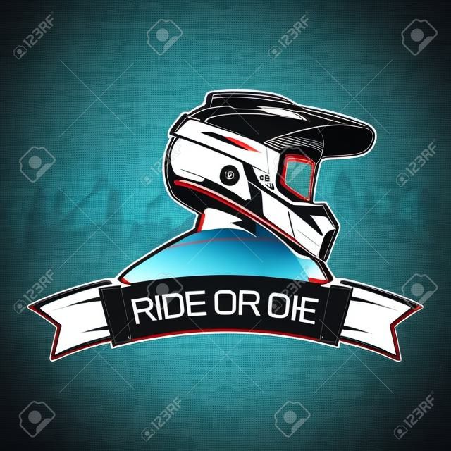 Design del logo sportivo estremo. Modello di logo di Motocross Downhill Mountain Bike. Vista laterale dell'uomo con casco integrale.