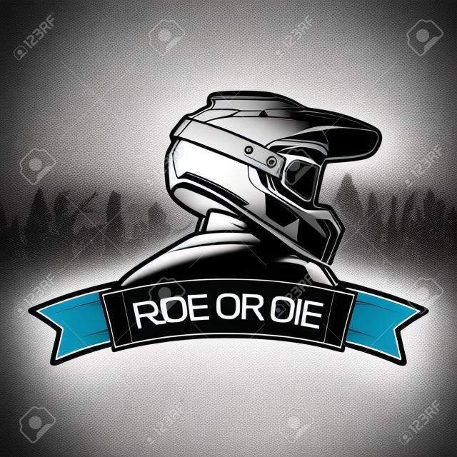 Création de logo de sport extrême. Modèle de logo de vélo de montagne de descente de motocross. Vue latérale de l'homme avec casque intégral.
