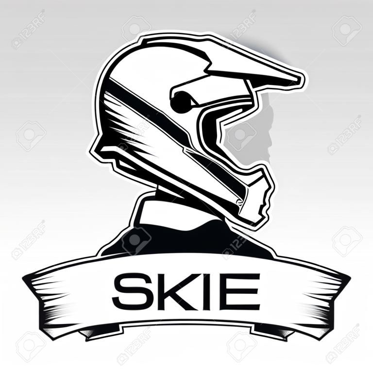 Création de logo de sport extrême. Modèle de logo de vélo de montagne de descente de motocross. Vue latérale de l'homme avec casque intégral.