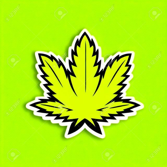 Cannabisblatt im Cartoon-Stil auf gelbem Hintergrund. Grünes Marihuana-Blatt-Vektorsymbol, drucken.