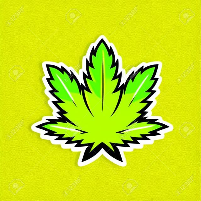 Cannabisblatt im Cartoon-Stil auf gelbem Hintergrund. Grünes Marihuana-Blatt-Vektorsymbol, drucken.
