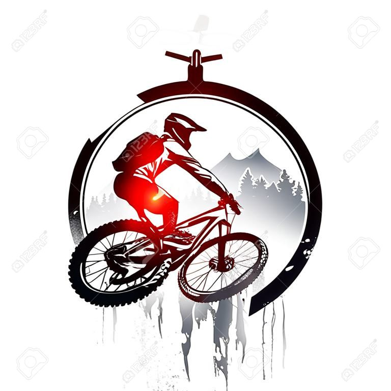 Emblema com bicicleta de montanha e capacete. Downhill mountain bike conceito arte. Mtb, freeride, bicicleta, enduro, esporte extremo.