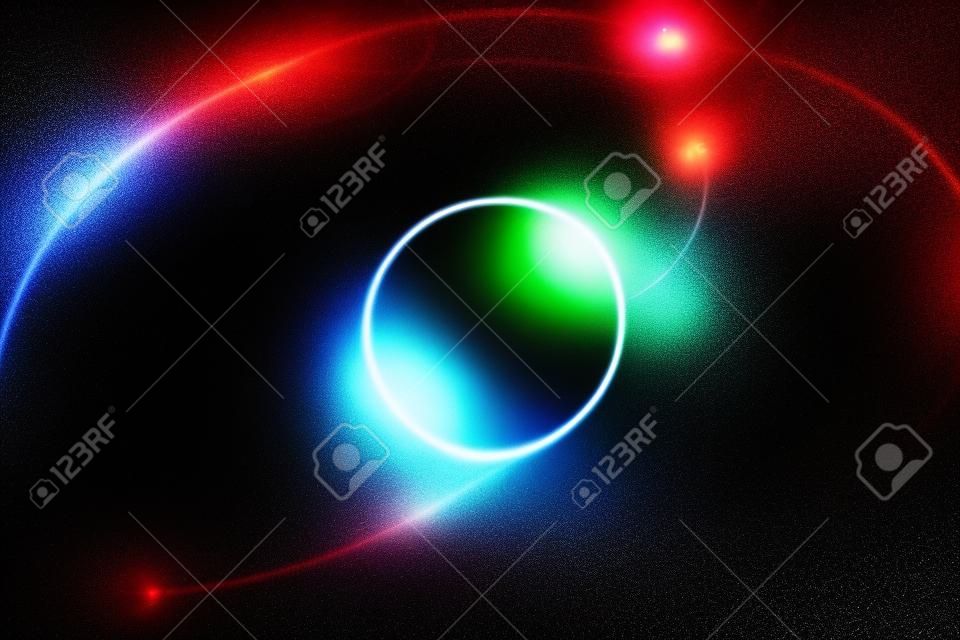 Glowing circles from dots with depth of field effect. Black hole, sphere, circle. Music, science, technology particles background.