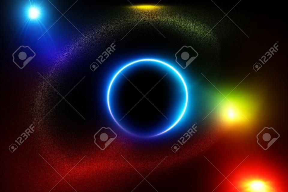 被写界深度効果のあるドットからの光る円。ブラックホール、球、円。音楽、科学、技術粒子の背景。