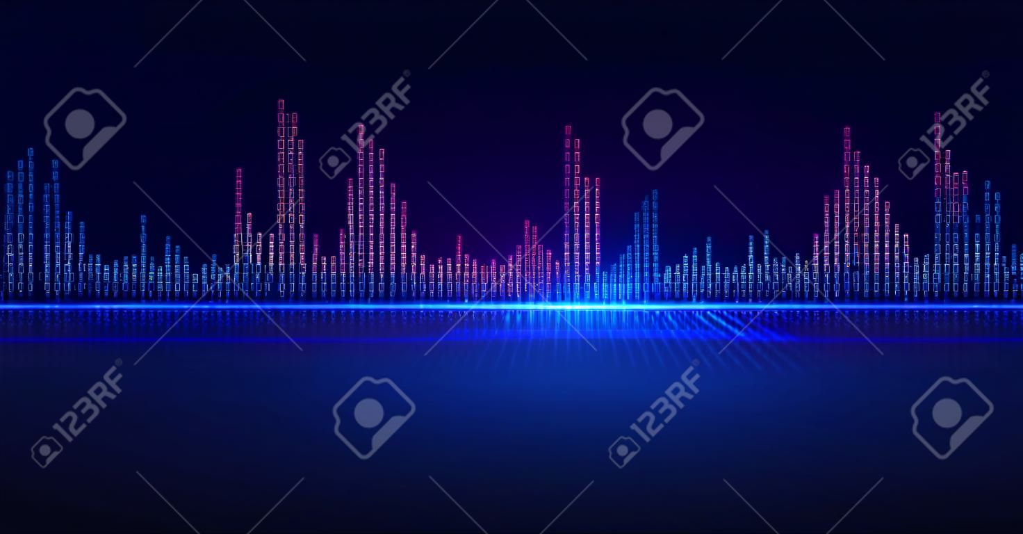 Binärer Equalizer. Schallwelle aus Einsen und Nullen. Musik- und Sprachschallwellen. Digitale Audiovisualisierung. Vektor-Illustration.
