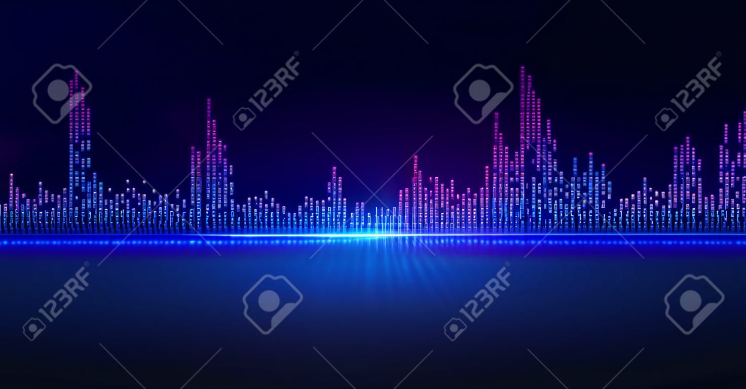 Ecualizador binario. Onda de sonido hecha de unos y ceros. Ondas de sonido de música y voz. Visualización de audio digital. Ilustración vectorial.