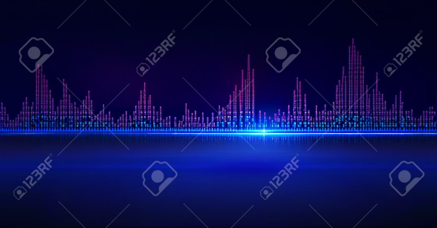 Ecualizador binario. Onda de sonido hecha de unos y ceros. Ondas de sonido de música y voz. Visualización de audio digital. Ilustración vectorial.