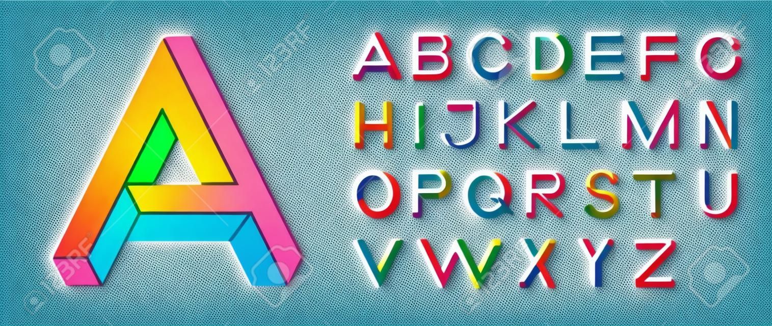 Impossible shape font. Memphis style letters. Colored letters in the style of the 80s. Set of vector letters constructed on the basis of the isometric view. Vector illustration 10 eps
