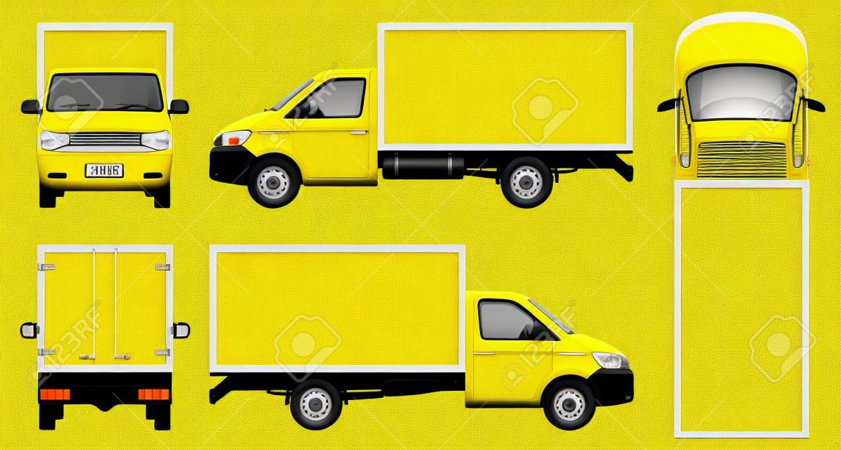 黃色送貨範圍載體模板。孤立的迷你卡車在白色背景上。組中的所有元素在不同的層上。容易改變顏色的能力。
