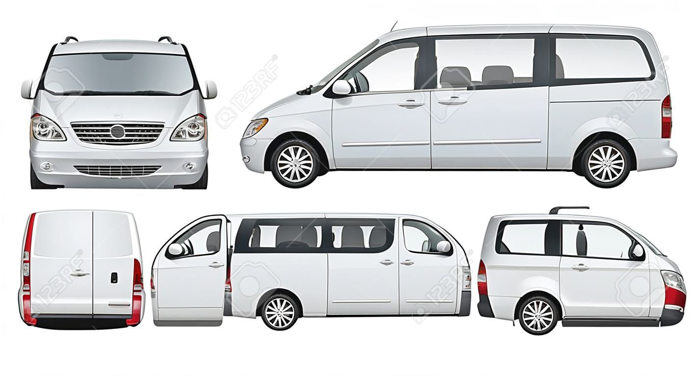 Modello vettoriale minivan famiglia. Automobile furgone isolata su backgroung bianco. La capacità di cambiare facilmente il colore. Vista dal lato, dal retro, dalla parte anteriore e dalla parte superiore. Tutte le parti in gruppi su strati separati.
