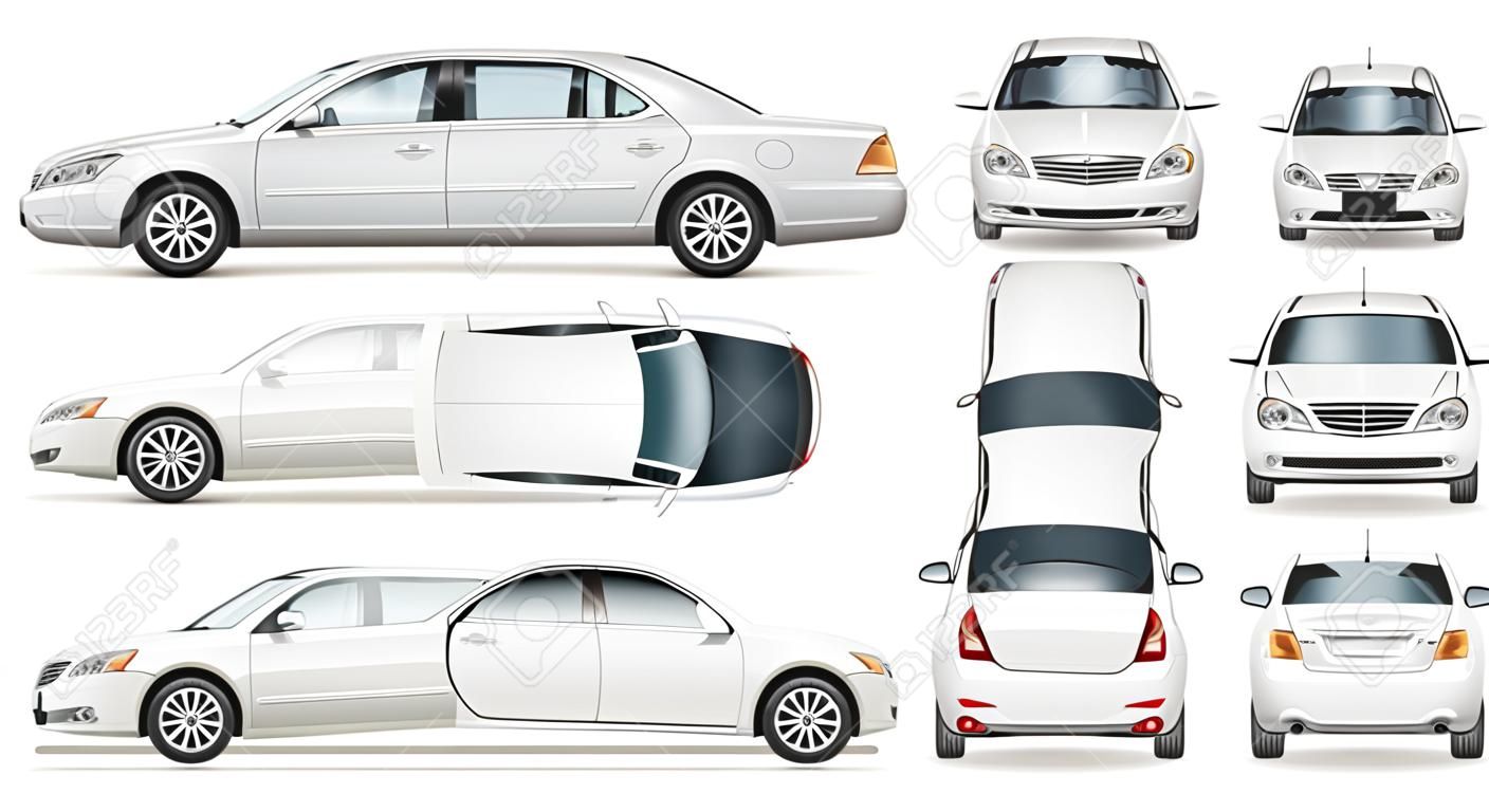 Szablon wektora samochodu na białym tle. Biznesowy sedan izolowane. Wszystkie warstwy i grupy dobrze zorganizowane ułatwiające edycję i zmianę koloru. Widok z boku, przedniej, tylnej, górnej.