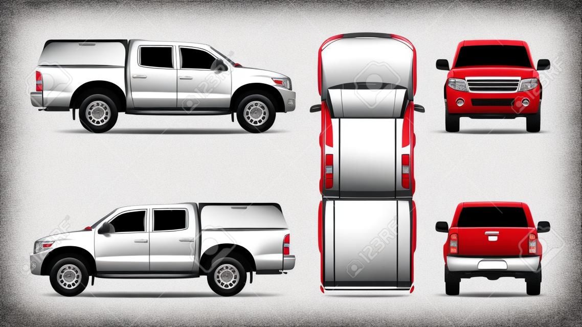 Pickup truck vector template for car branding and advertising. Isolated car on white background. All layers and groups well organized for easy editing and recolor. View from side, front, back, top.