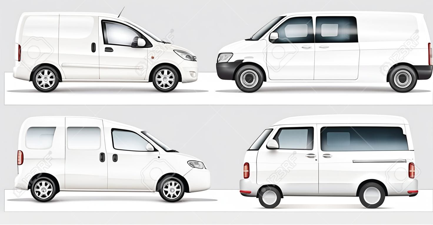 Modello di vettore di auto per auto branding e pubblicità. Mini furgone isolato messo su fondo bianco. Tutti gli strati e i gruppi sono ben organizzati per una facile modifica e ricolorazione. Vista laterale, anteriore, posteriore, superiore.