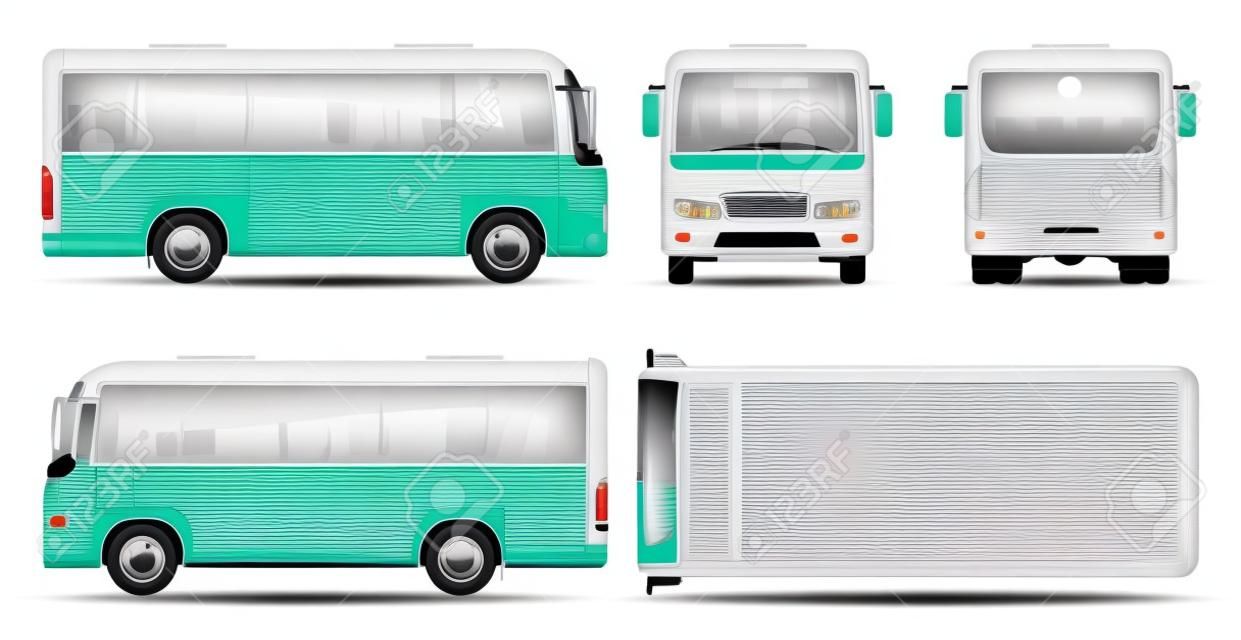 Minibus plantilla de vectores para marcas de automóviles y publicidad. Mini autobús de la ciudad aislada en fondo blanco. Todas las capas y grupos están bien organizados para editarlos y volver a colorearlos fácilmente. Vista lateral, frontal, posterior y superior.