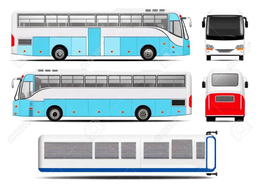 Modelo de vetor de ônibus para marca de carro e publicidade. Conjunto de ônibus isolado no fundo branco. Todas as camadas e grupos bem organizados para fácil edição e recolor. Vista de lado, frente, volta, topo.