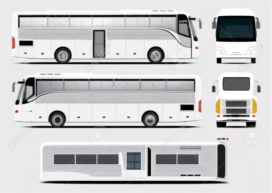 Bus vector template for car branding and advertising. Isolated coach bus set on white background. All layers and groups well organized for easy editing and recolor. View from side, front, back, top.
