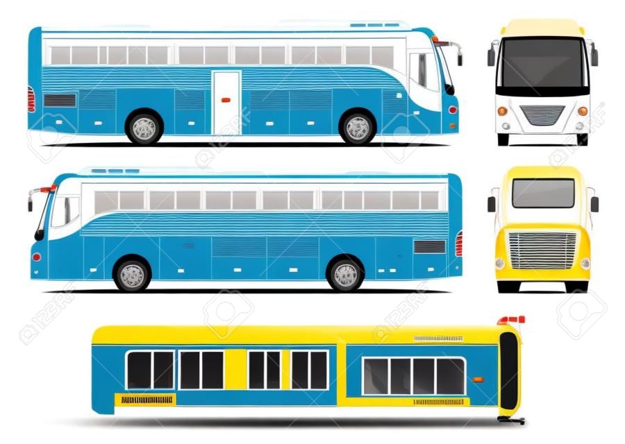 Bus vector template voor auto branding en reclame. Geïsoleerde bus bus gezet op witte achtergrond. Alle lagen en groepen goed georganiseerd voor eenvoudige bewerking en kleur. Uitzicht van de zijkant, voorkant, achterkant, bovenkant.