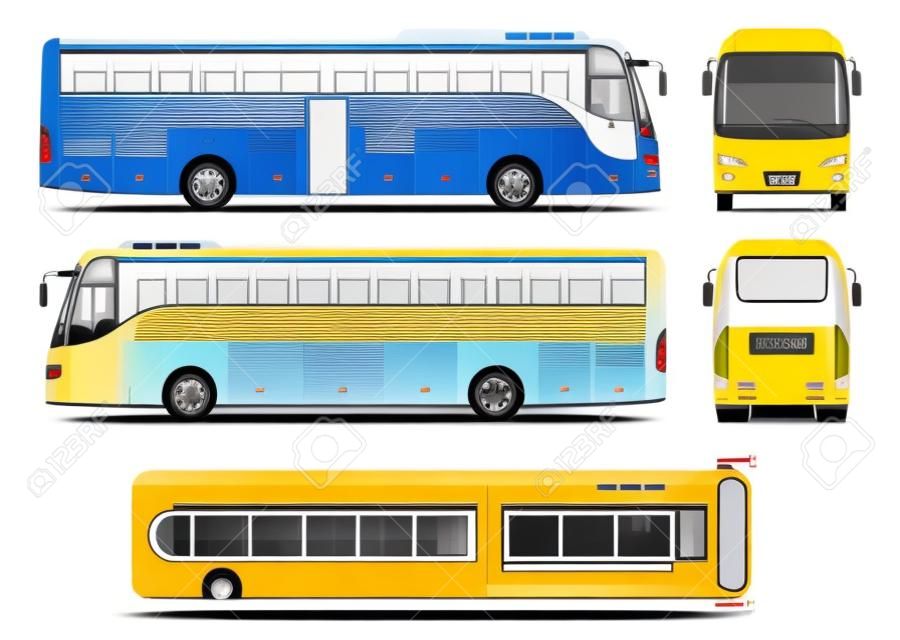 巴士矢量模板汽車品牌和廣告。孤立的巴士總線設置在白色背景上。所有圖層和組組織良好，便於編輯和重新著色。從側面，前面，後面，頂部。