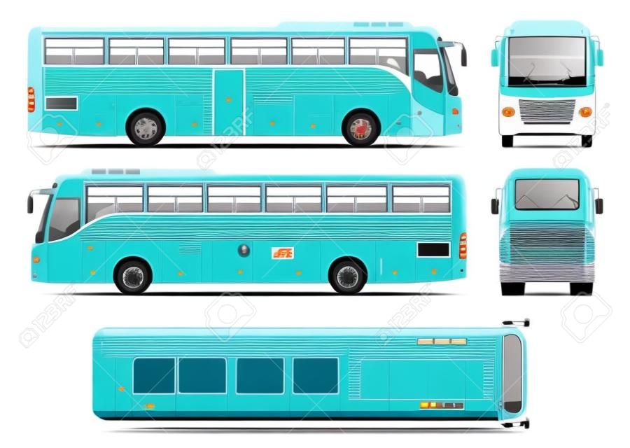 자동차 브랜딩 및 광고에 대 한 버스 벡터 템플릿. 격리 된 코치 버스 흰색 배경에 설정입니다. 모든 레이어와 그룹은 쉽게 편집하고 다시 칠하기 편하도록 구성되어 있습니다. 측면, 전면, 후면, 상단에서 봅니다.