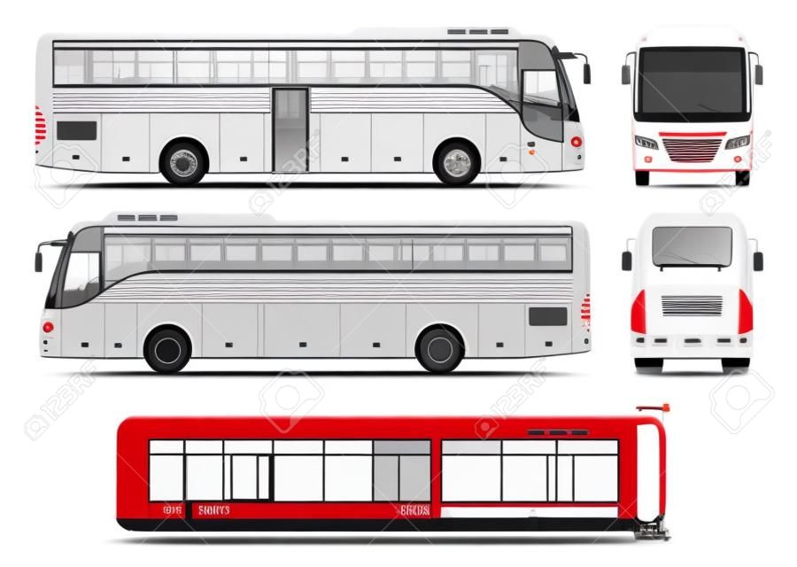 Plantilla de vector de autobús para la marca de automóviles y la publicidad. Aislado bus autobús conjunto sobre fondo blanco. Todas las capas y grupos están bien organizados para una fácil edición y recoloración. Vista lateral, frontal, posterior, superior.