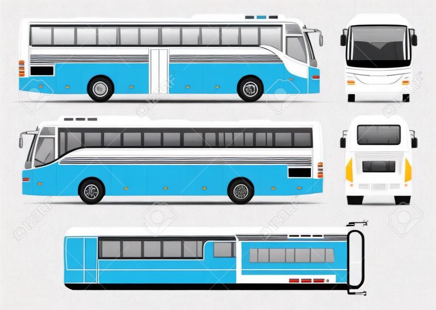 Busvektorschablone für Auto-Branding und Werbung. Isolierter Busbus gesetzt auf weißem Hintergrund. Alle Ebenen und Gruppen sind gut organisiert, um sie einfach bearbeiten und neu einfärben zu können. Blick von der Seite, vorne, hinten, oben.