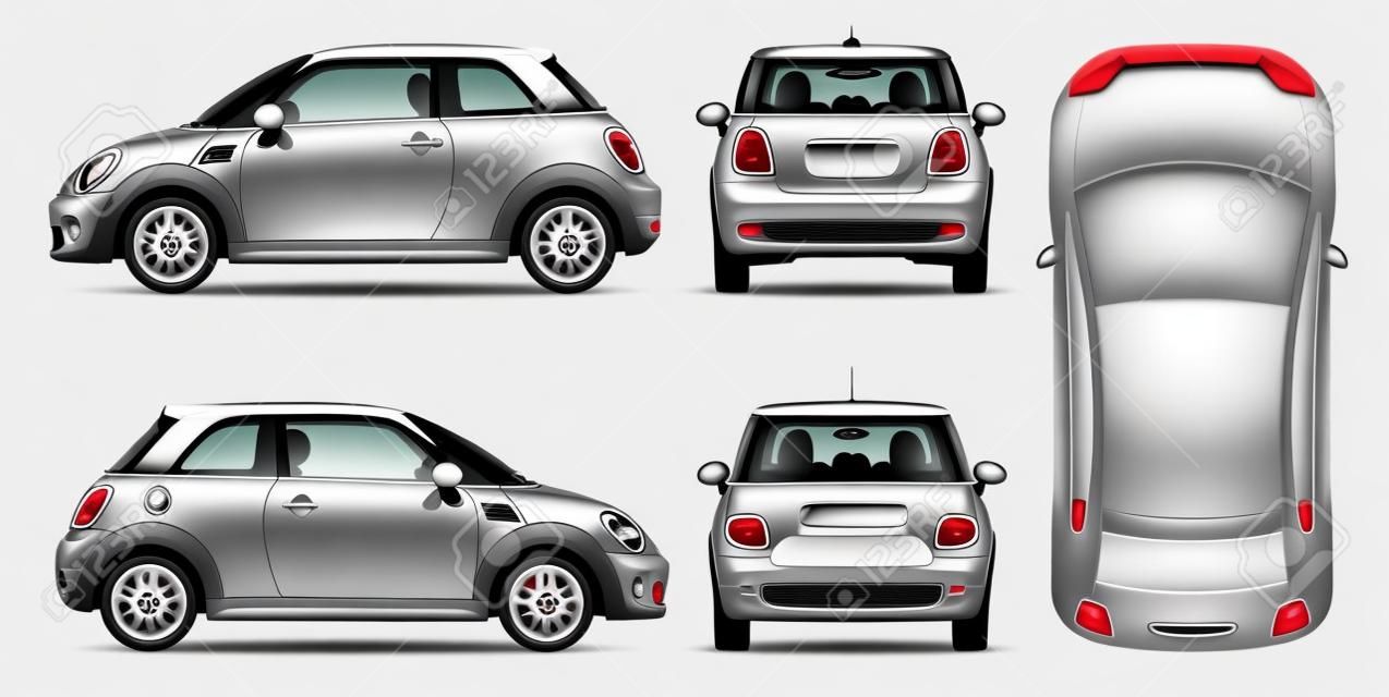 Mini-Auto-Vektor-Vorlage für Auto Branding und Werbung. Isolierte Minicar-Set auf weißem Hintergrund. Alle Ebenen und Gruppen sind gut organisiert für einfache Bearbeitung und recolor. Ansicht von Seite, vorne, hinten, oben.