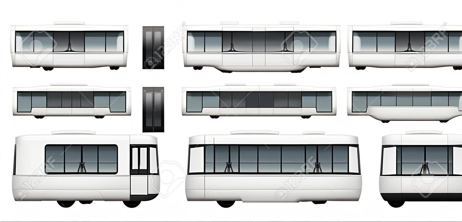 Векторный шаблон трамвая для рекламы, фирменный стиль. Белый трамвай иллюстрации. Автомобильный брендинг макет. Слои и группы хорошо организованы для удобного редактирования и перекрашивания.